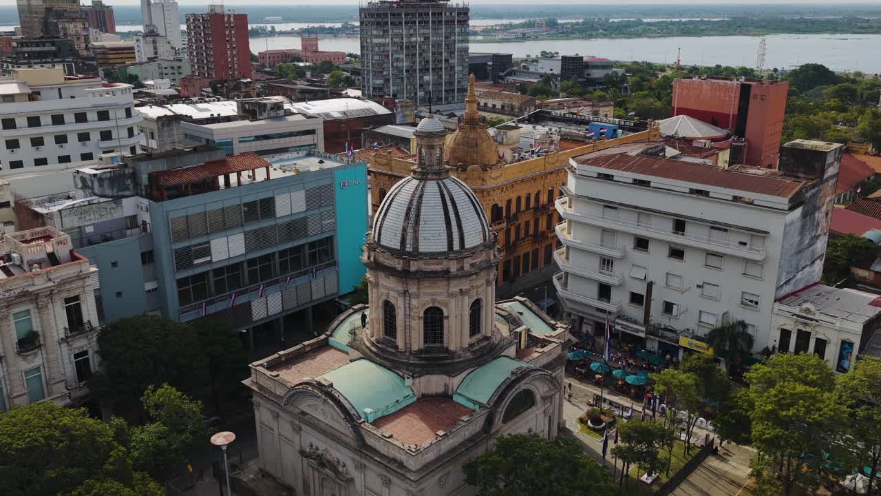 Close up dolly in aerial view of domed Pantheon of the National Heroes in historic downtown Asunción, Paraguay