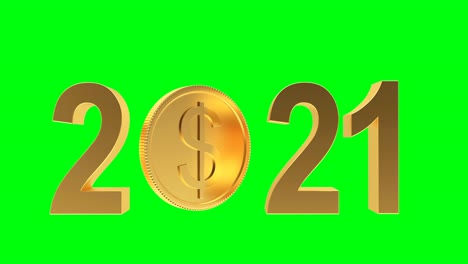 animación 3d del cambio de 2021 y 2020 con una moneda de dólar giratoria en pantalla verde. 4k