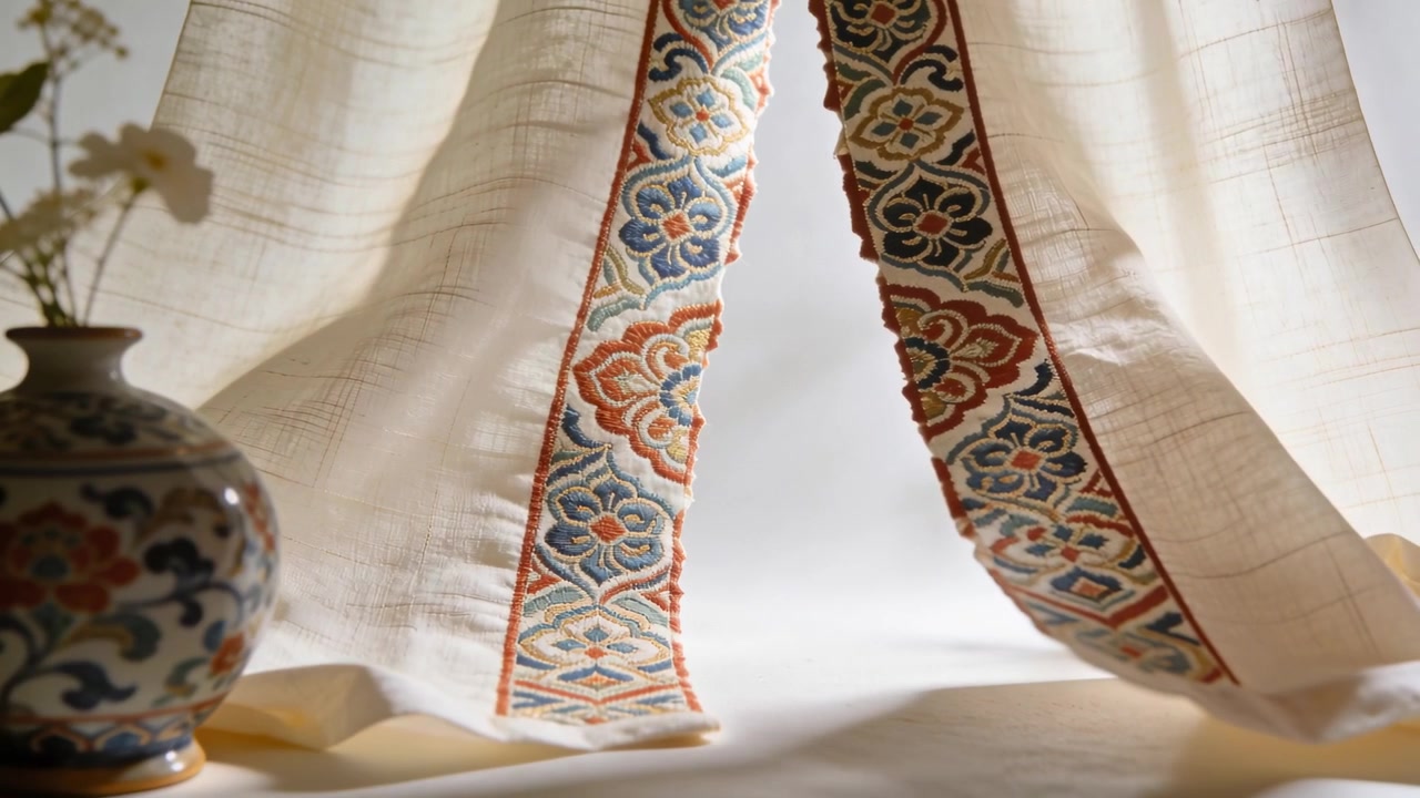 Pannelli di tende di lino increspati che si muovono per una leggera brezza su un piano del tavolo, mostrando un vaso di ceramica e fiori.