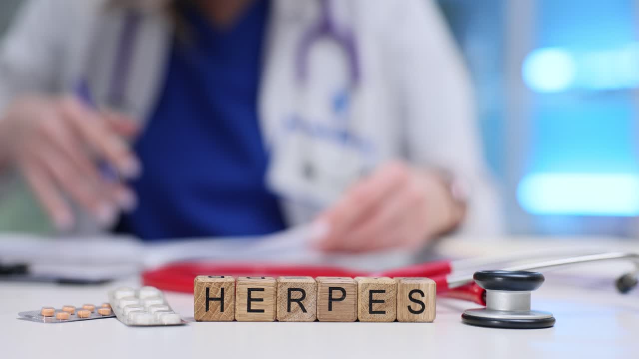 Blocchi di legno formano la parola "herpes" vicino a uno stetoscopio su una scrivania