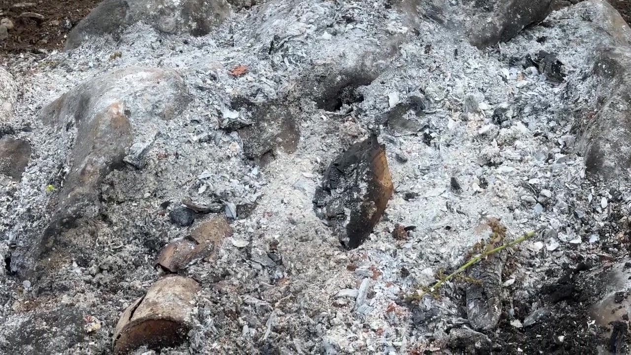Close-up of Smoldering Wood Ash and Embers in a Fire Pit