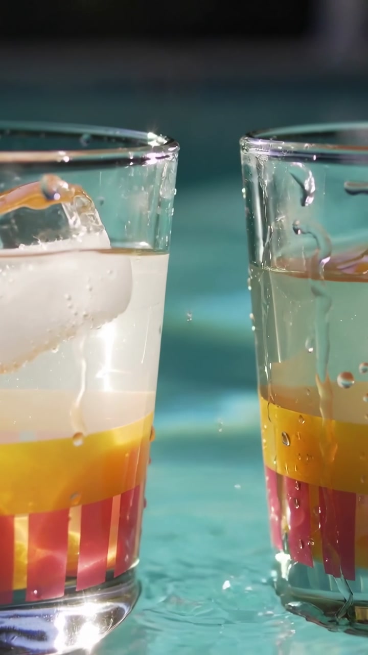 Vertical video: Splashing droplet striking left glass on turquoise top, making pool and shaking ice