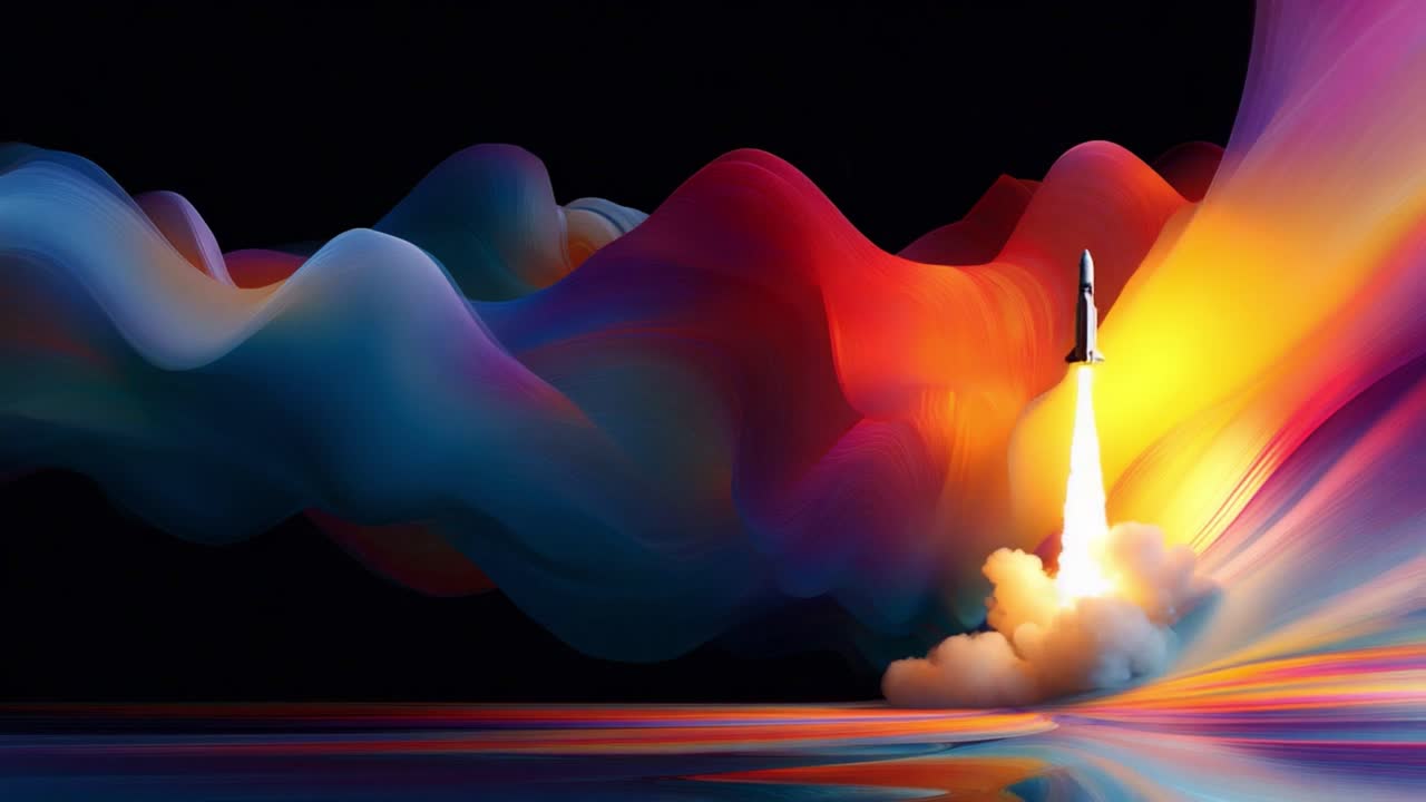 A mesmerizing rocket launch captures the imagination, soaring through vibrant and colorful clouds that swirl dramatically in the dark sky, signifying exploration and discovery