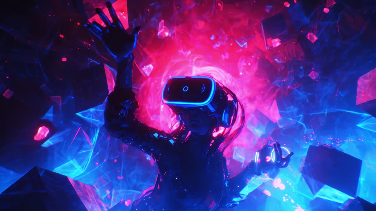 A mesmerizing virtual reality scene featuring a figure immersed in a vibrant, colorful digital cosmos, exploring a realm of glowing shapes and pulsating energies that captivate the senses