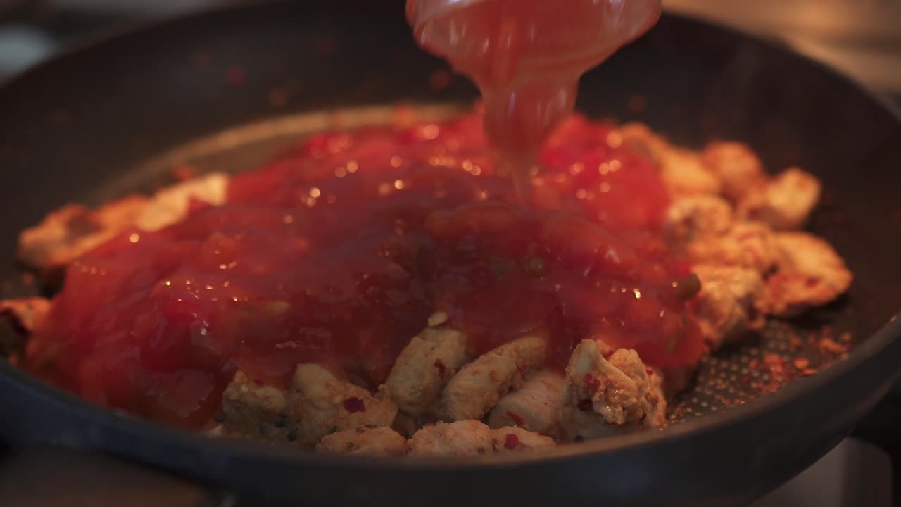 Sweet and Sour Slowly Being Poured Into Saucepan Filled With Chicken