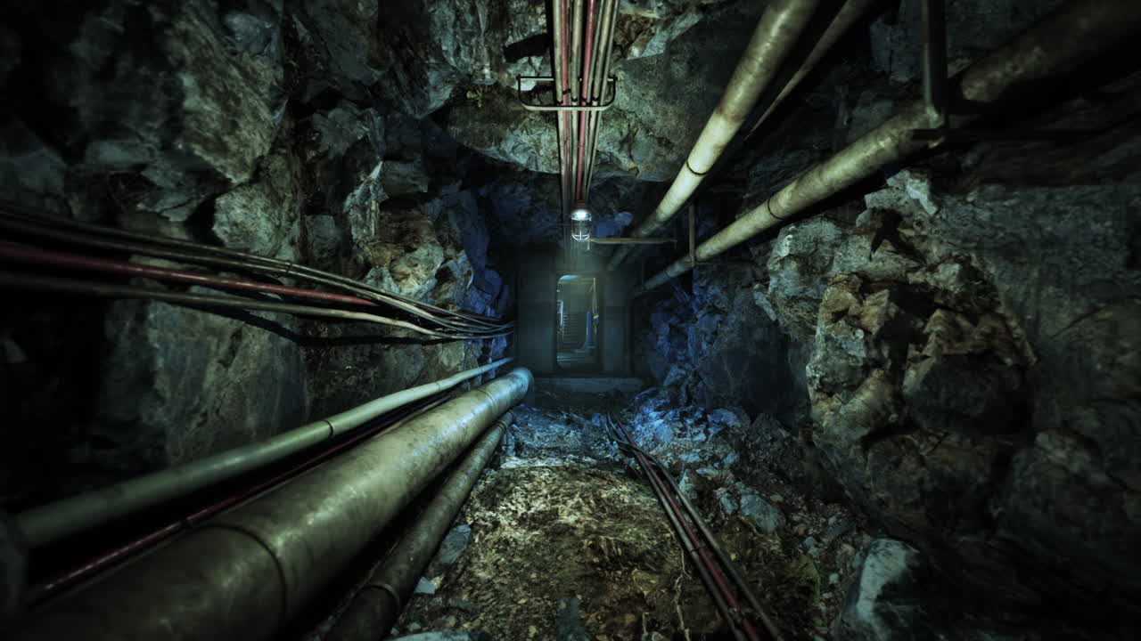 Exploring a dimly lit underground bunker with exposed pipes