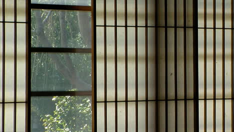 japanese style mulberry paper window with view of garden