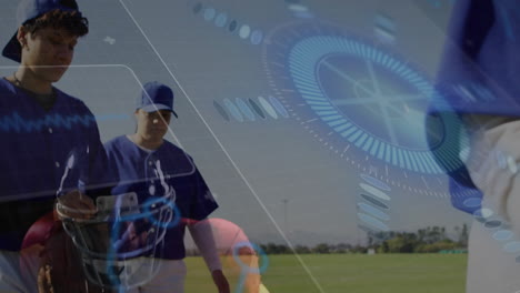 baseball players on field with futuristic data processing animation overlay