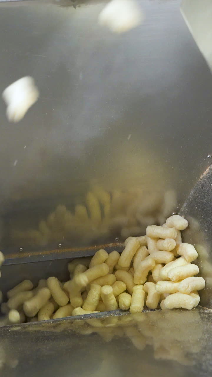 Pouring snack corn sticks into a metal container at a food factory. Automatic packaging line for products. Vertical video