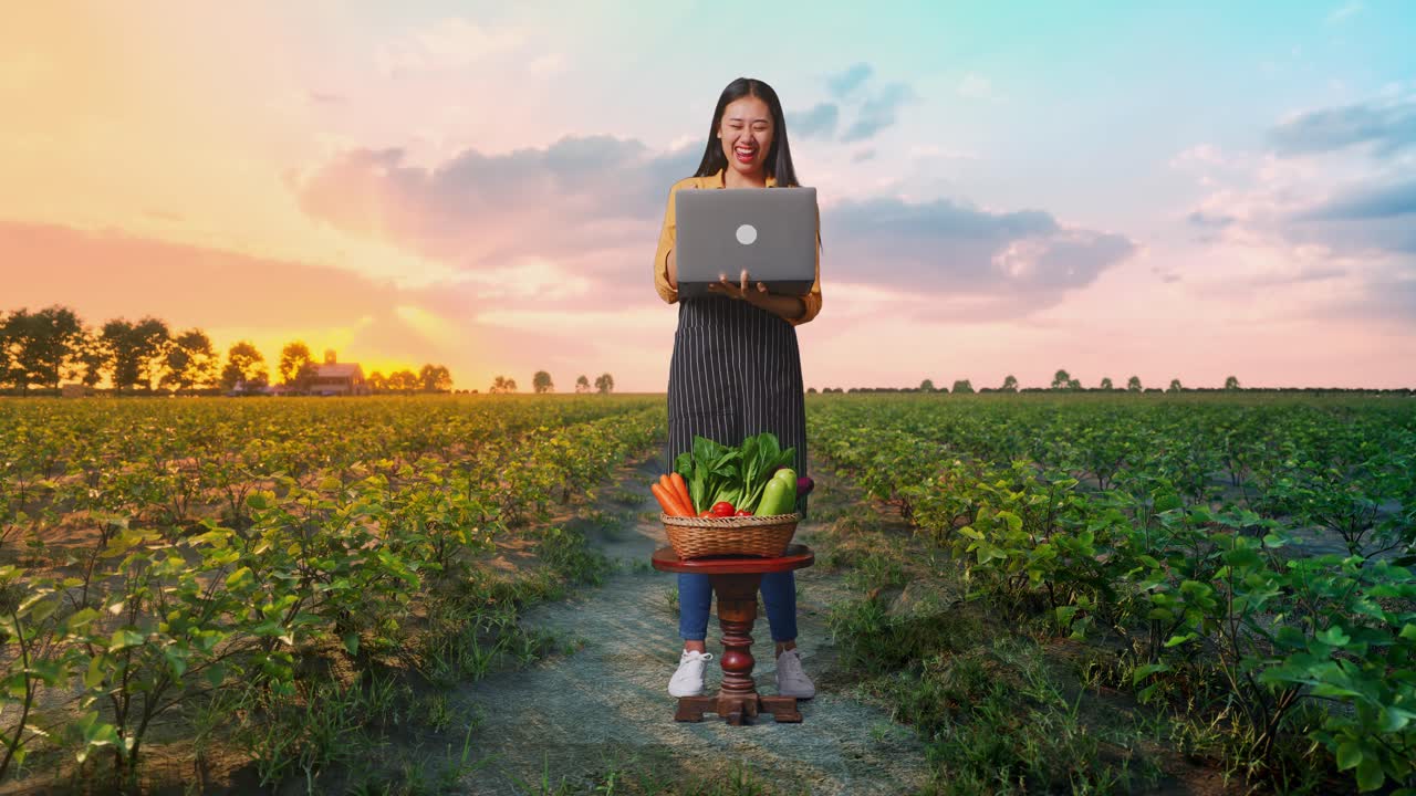 cuerpo lleno de feliz agricultora asiática con canasta de verduras celebrando usando computadora portátil en el campo