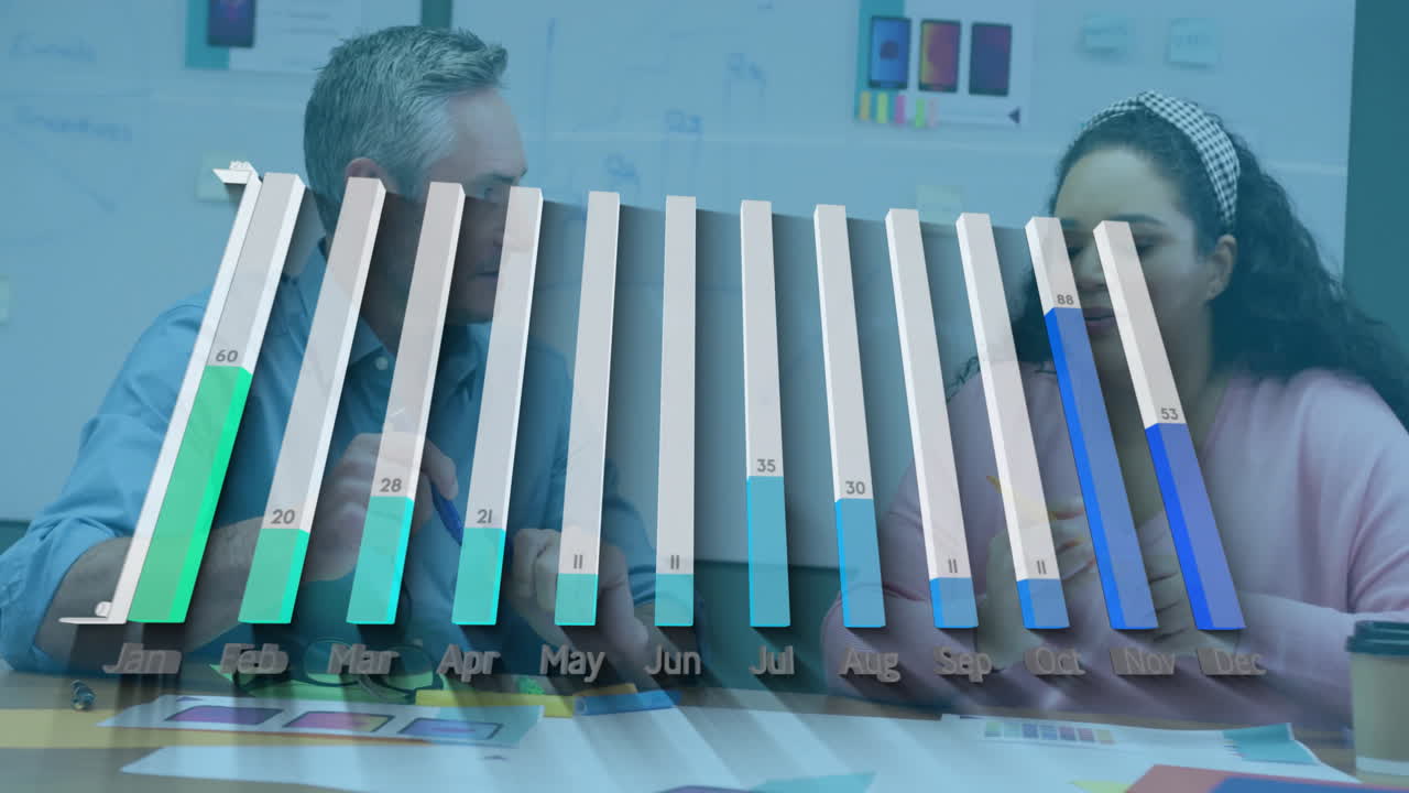Business meeting with bar chart animation showing monthly data over two colleagues