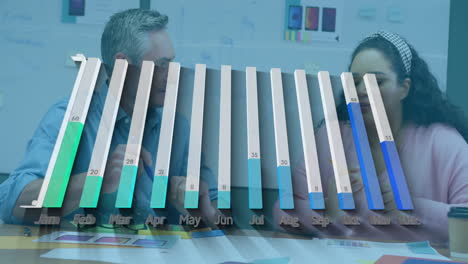 Business meeting with bar chart animation showing monthly data over two colleagues