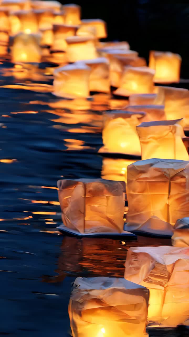 A row of lit candles floating on the water