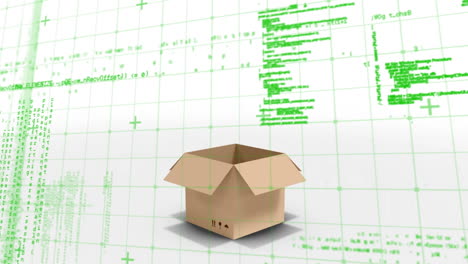 Data processing on grid network delivery box opening against white background