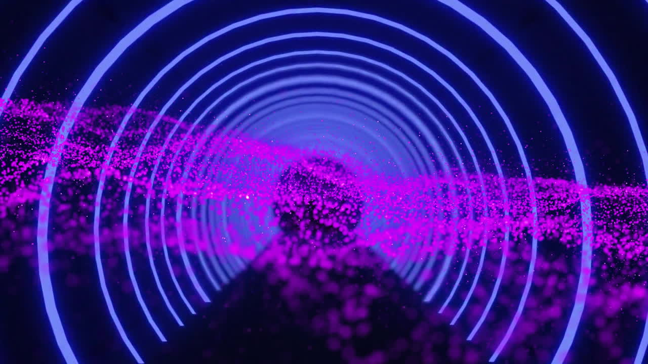 Animation of neon purple particles swirling through blue circles in digital tunnel