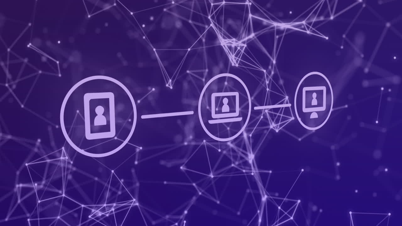 Animation of data processing over icons with network of connections