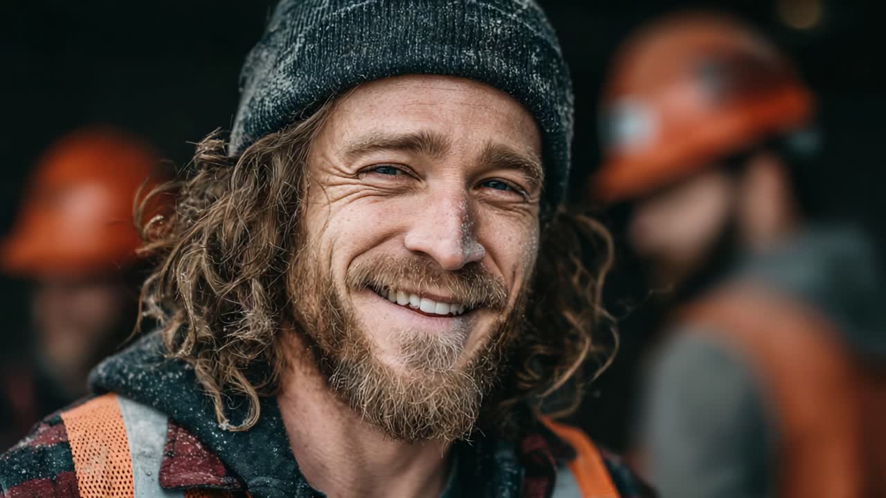A Cheerful Construction Worker Enjoying His Time on the Job, Exuding Confidence and Friendliness in a Rustic Work Environment