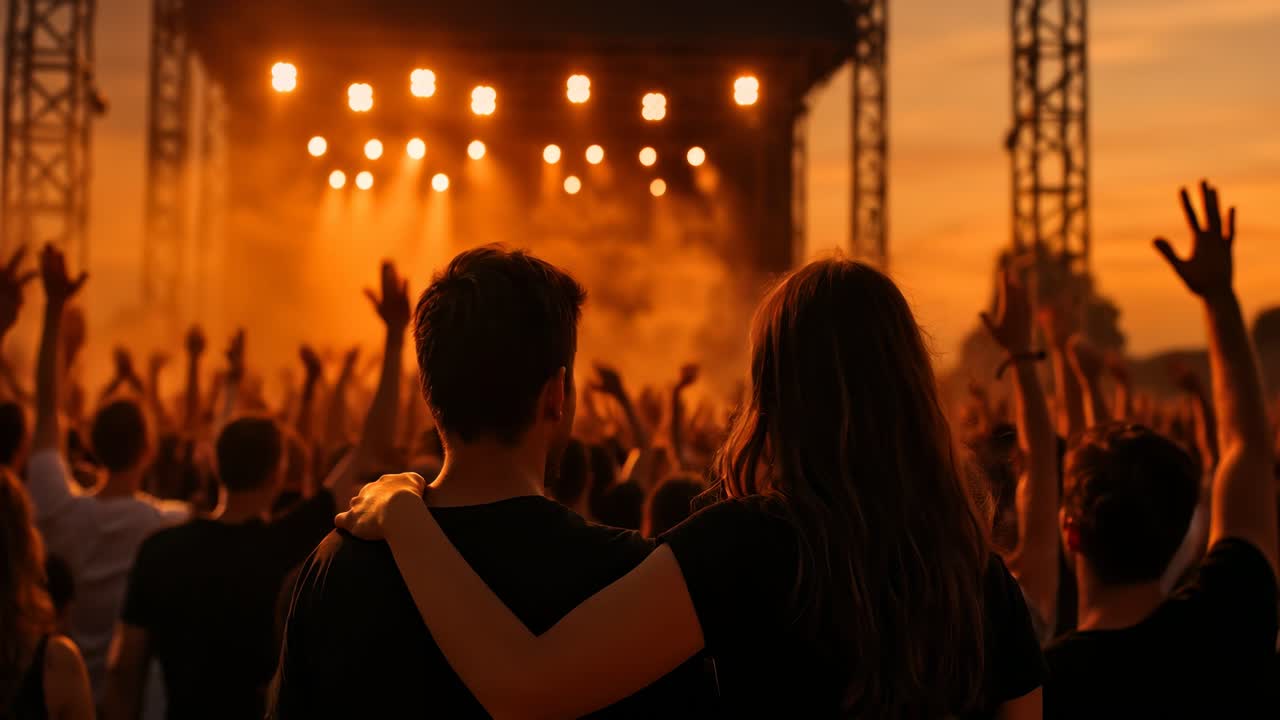 Una coppia si abbraccia a un concerto al tramonto, con le mani alzate, ripresa da dietro all'altezza degli occhi