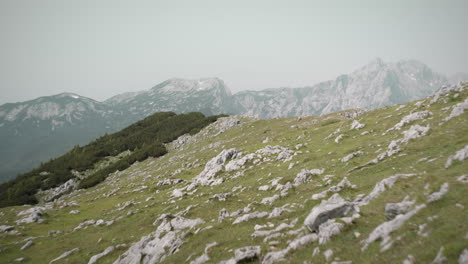 a shot of top of mountain raduha with rocks sticking out of the ground and other mountains in the background