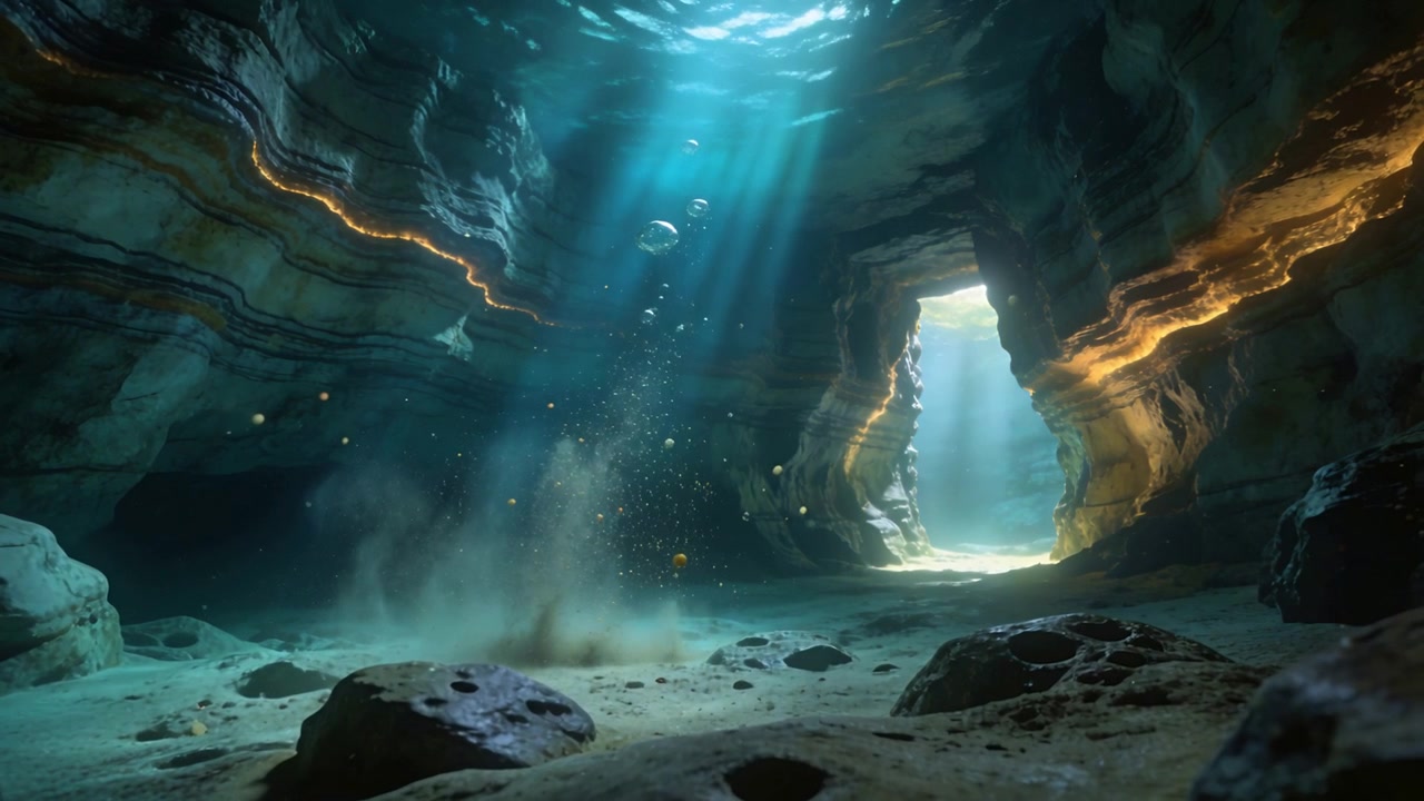 Air bubbles rising from seafloor inside shallow sea cave, lifting sediment into shafts of sunlight