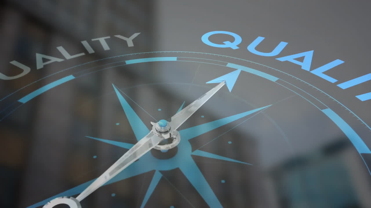 Animation of compass spinning with motivation and business text over city