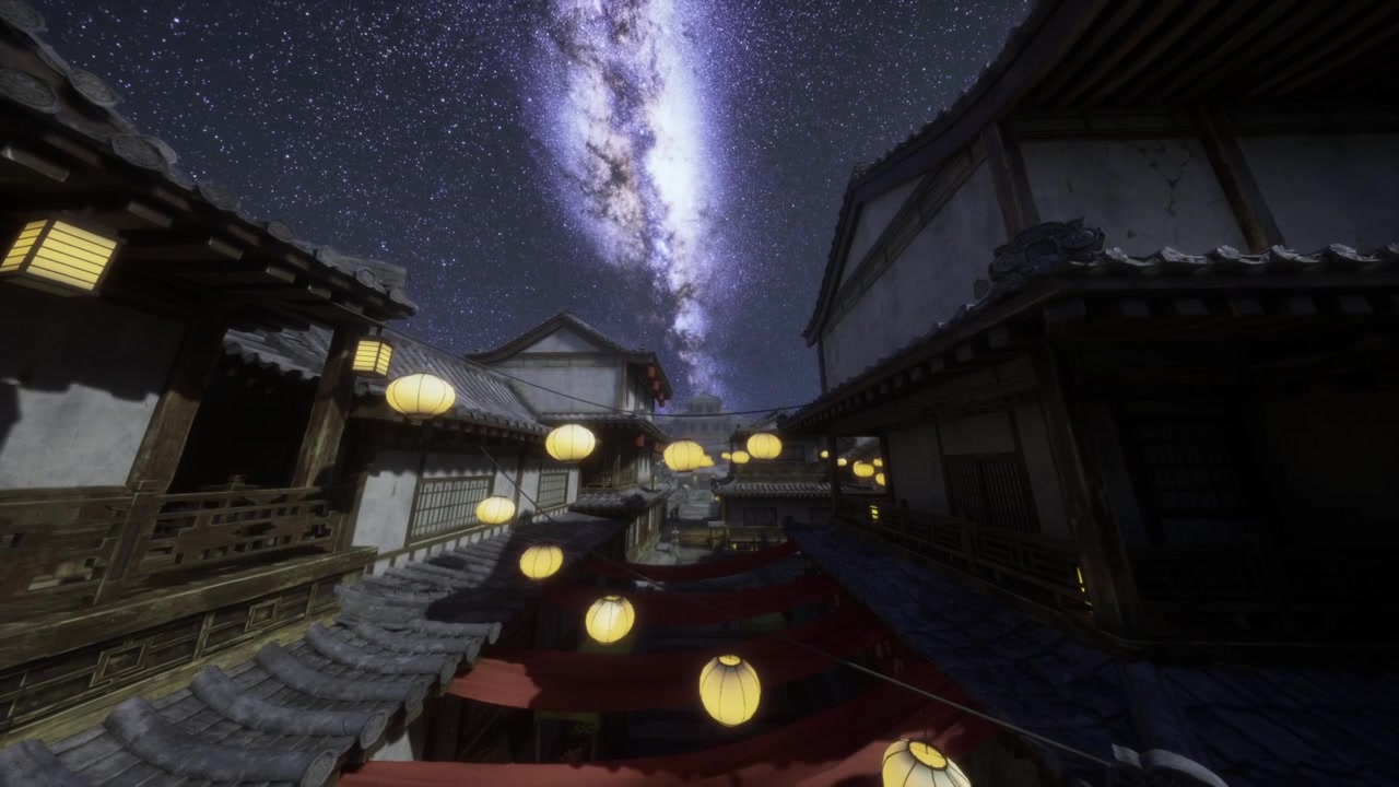 星空の下、古刹への道を照らす明るい提灯。