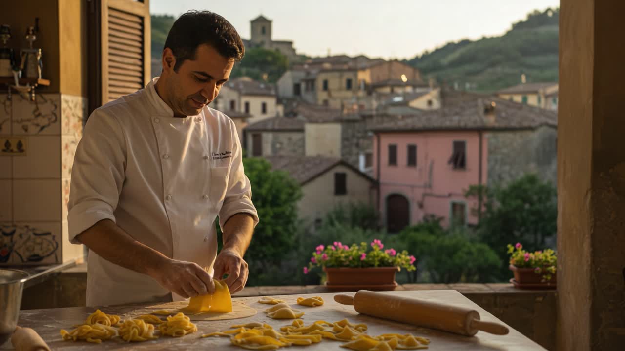 A Culinary Artisan Prepares Traditional Handmade Pasta with Care in a Scenic Italian Countryside Kitchen Surrounded by Charming Architecture and Lush Greenery