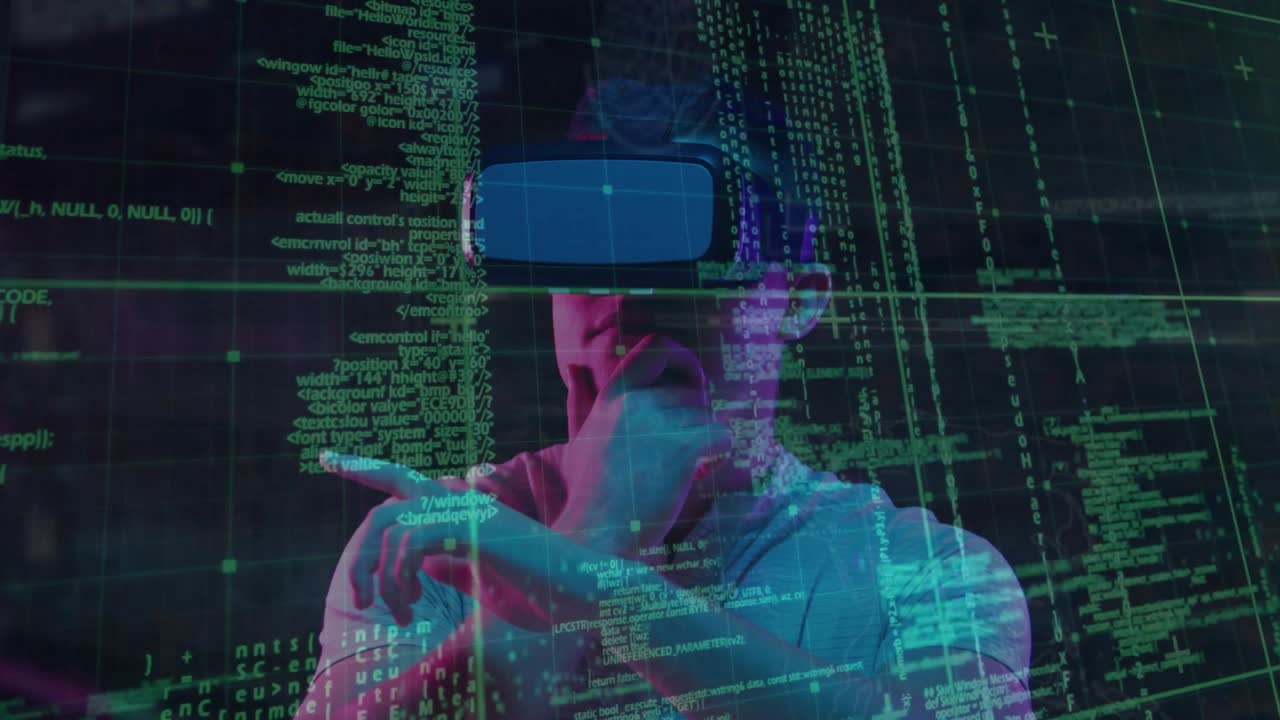 Man entering tech lab and placing VR headset, activating code grid for analyzing code streams