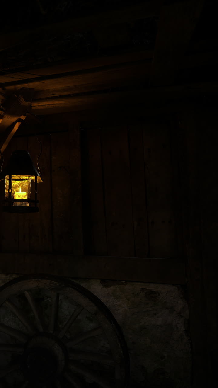 Caldo bagliore di una lanterna che illumina un fienile rustico di notte.