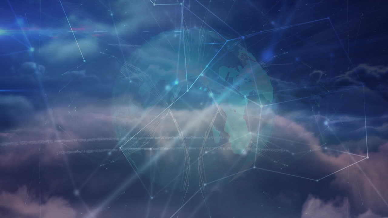 Animation of networks of connections with icons and globe over sky