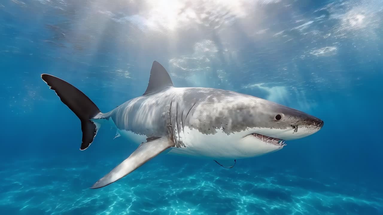 A Majestic Great White Shark Gliding Gracefully Through Crystal Clear Ocean Waters, Capturing the Essence of Underwater Beauty and Marine Life