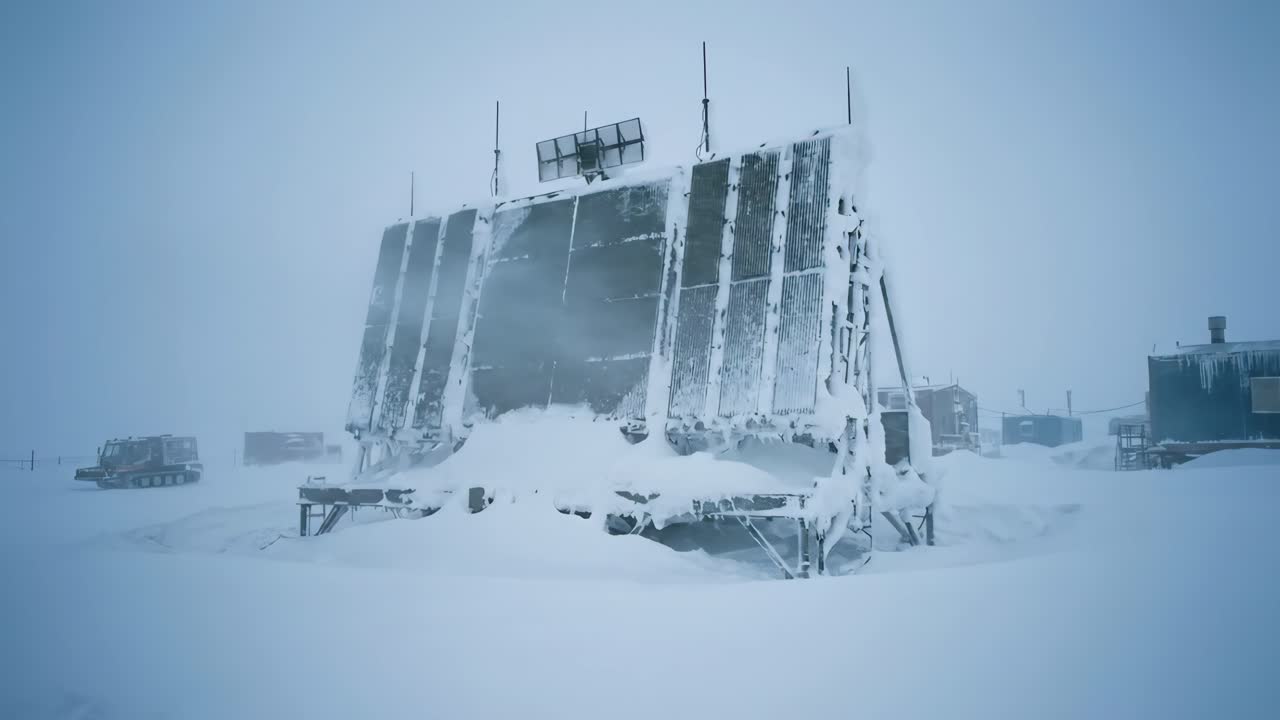 Large Snow-Covered Radar Antenna in a Harsh Winter Blizzard