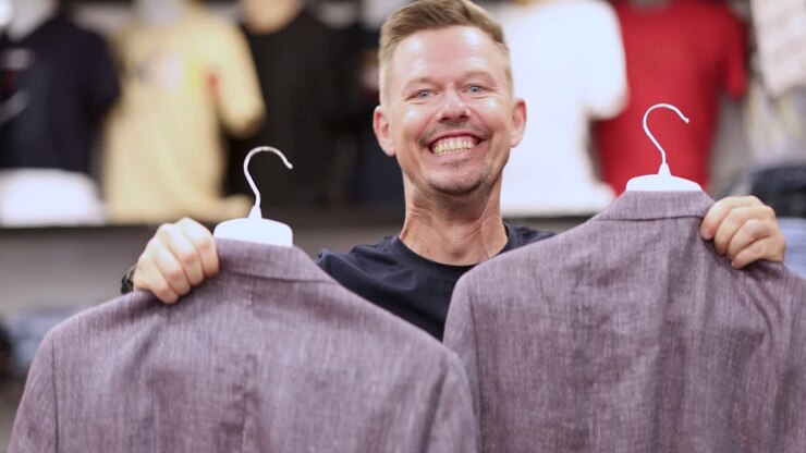 A man's changing expressions while trying on blazers in a clothing store