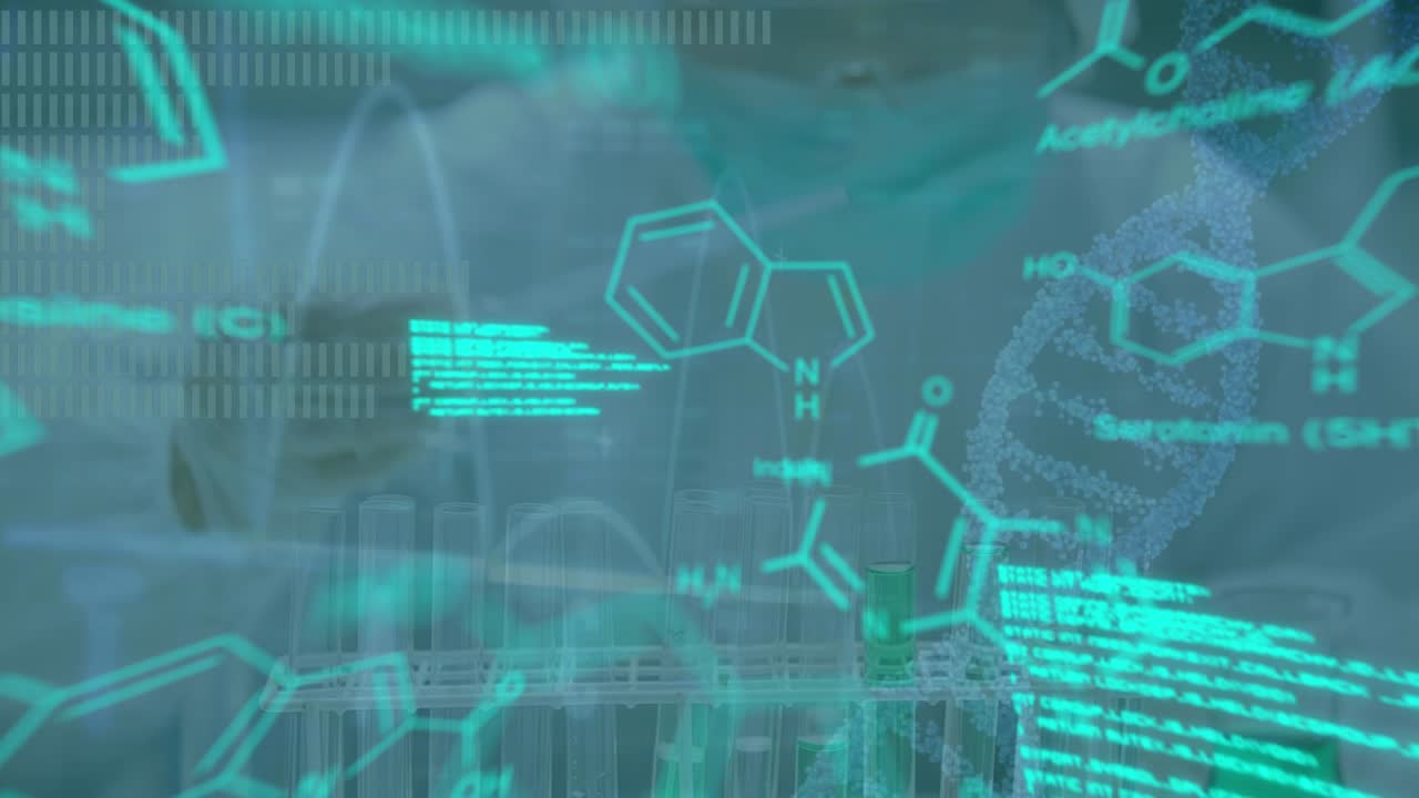 Animation of data processing and chemical formula over caucasian female scientist