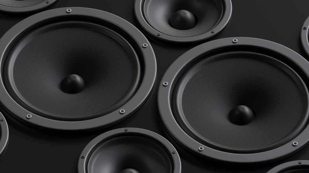 animação de alto-falantes de subwoofer de estúdio tocando som alto.