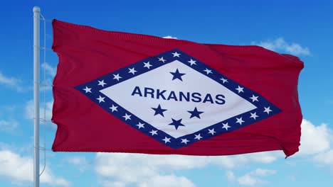 arkansas flag waving in the wind, blue sky background. 4k