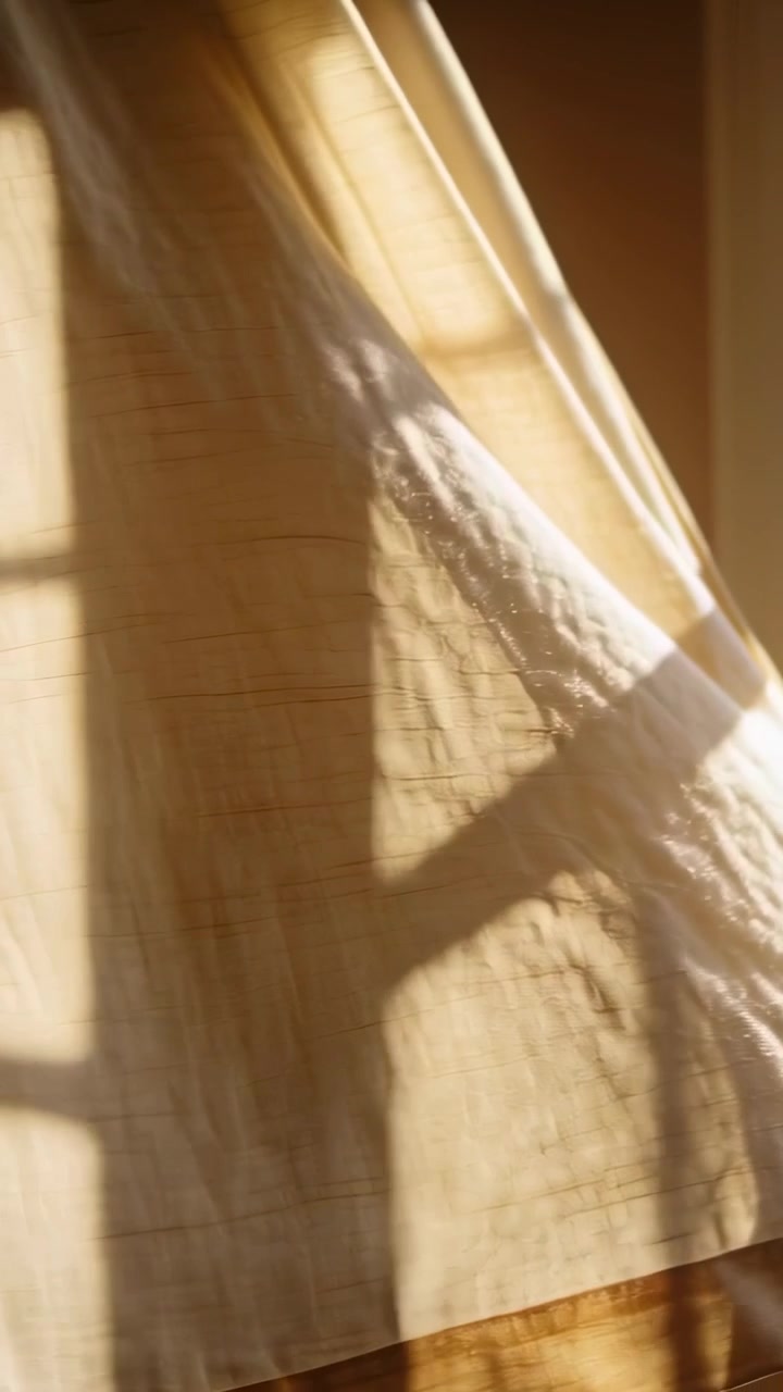 Vertical video: Breeze from open window lifting cream sheer curtain revealing grid shadow at home