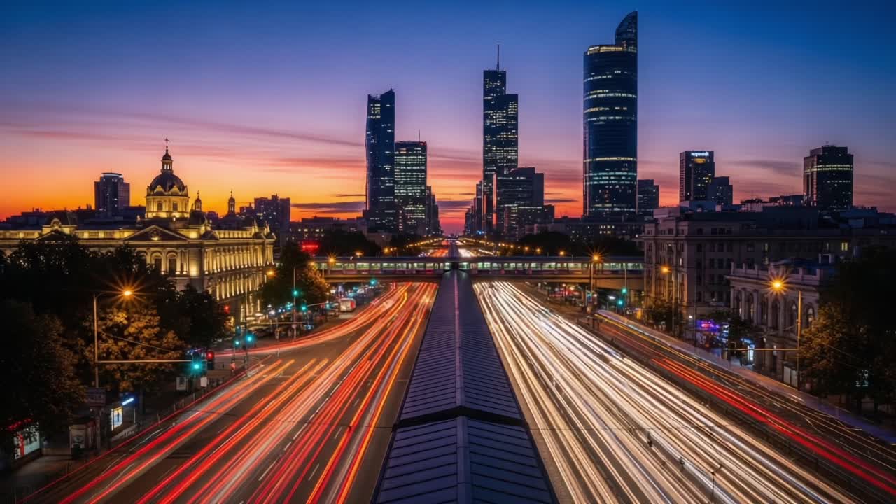A Captivating Cityscape at Dusk: Illuminated Skyscrapers, Vibrant Traffic, and Serene Twilight in a Bustling Urban Environment
