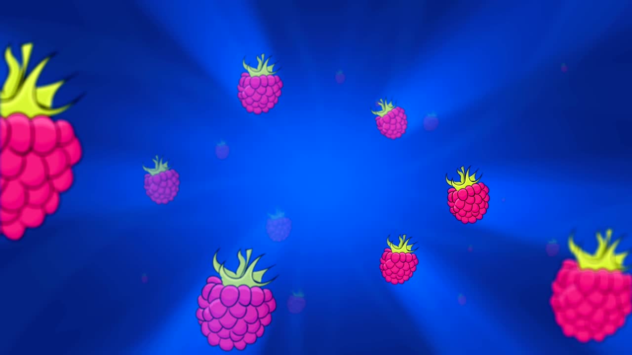 Colorful raspberry smoothly moving from bright glow rotating on the blue background. 3D seamless animation.