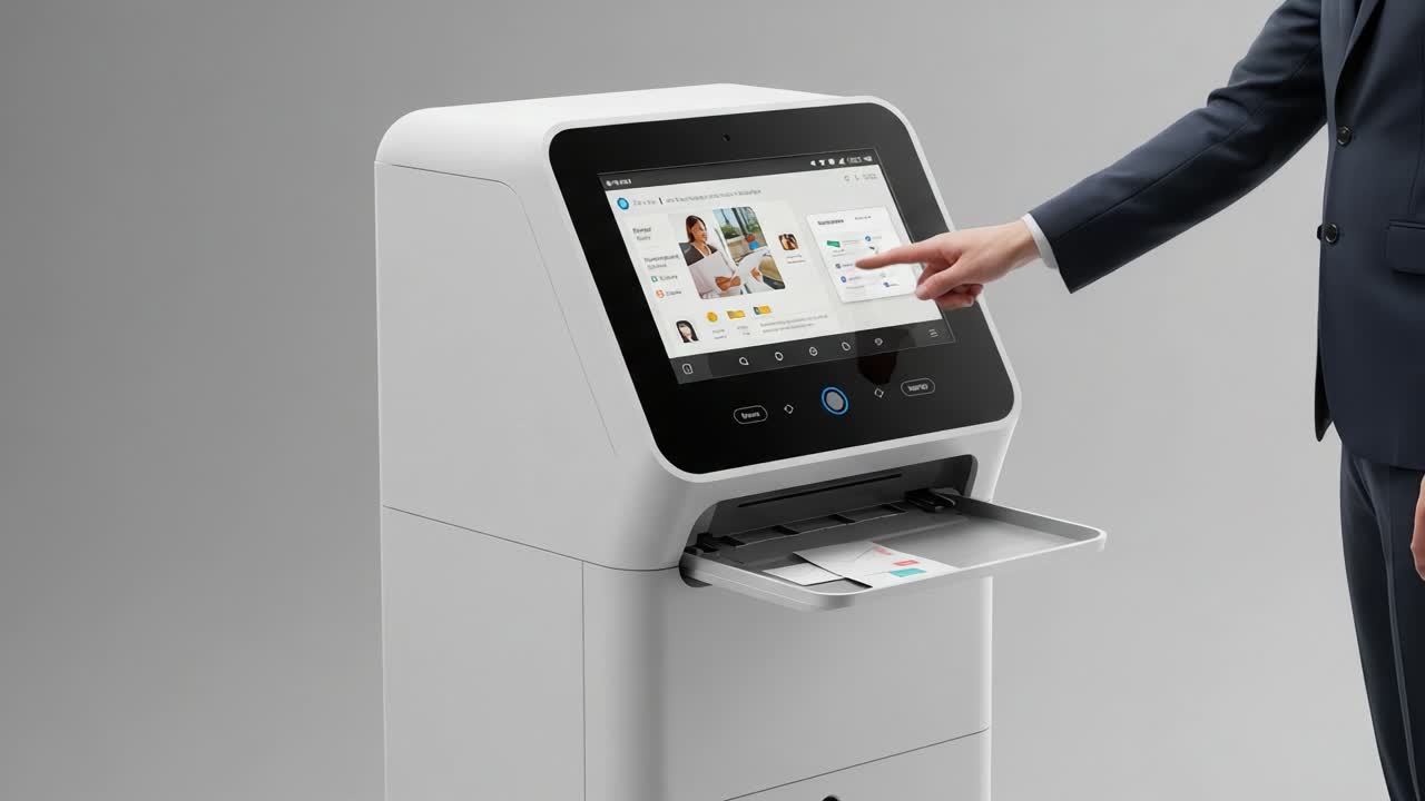 Innovative Document Management System: User Interacts with Advanced Device for Printing, Scanning, and Smart Functionality in a Modern Office Environment