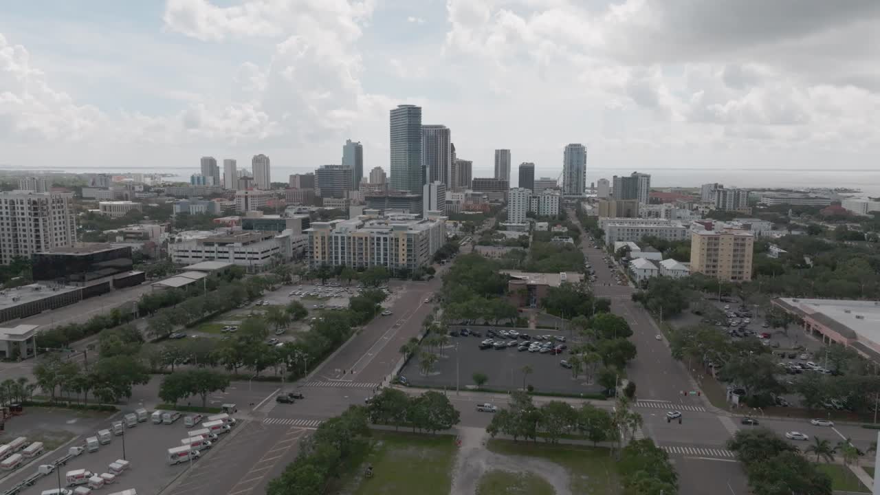 Downtown St. Petersburg, Florida with wide drone video tilting up