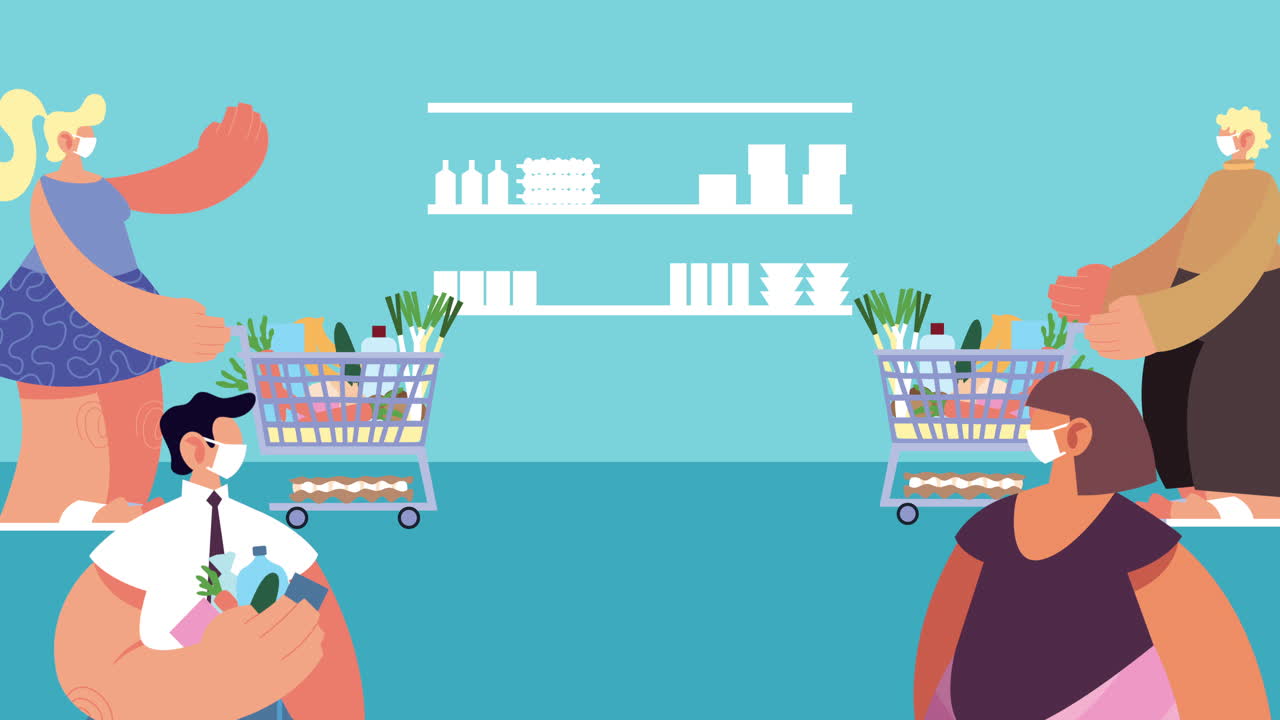 의료 마스크를 착용한 주부들이 사회적 거리를 지키며 코로나19에 대한 식료품을 구입하고 있습니다.