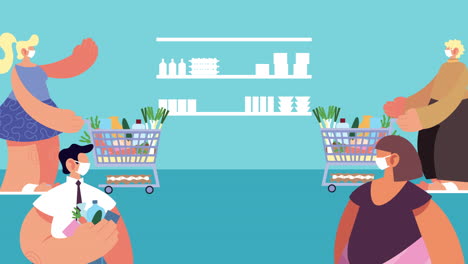 amas de casa con máscaras médicas comprando comestibles para covid-19 con distancia social