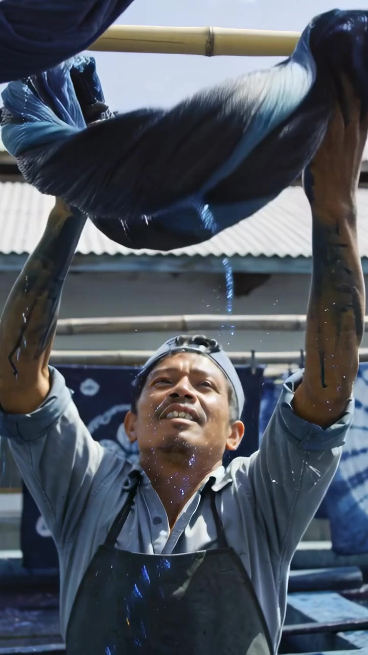 Vertical video: Lifting artisan in apron squeezing indigo cloth in shop to drain dye on bamboo pole