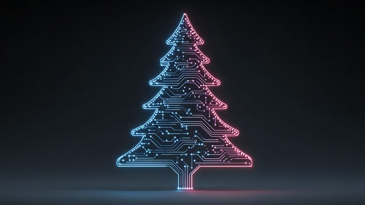 A Futuristic Christmas Tree Design with Circuit Patterns Illuminated in Neon Colors, Blending Festive Cheer with Modern Technology in a Sleek Visual Presentation