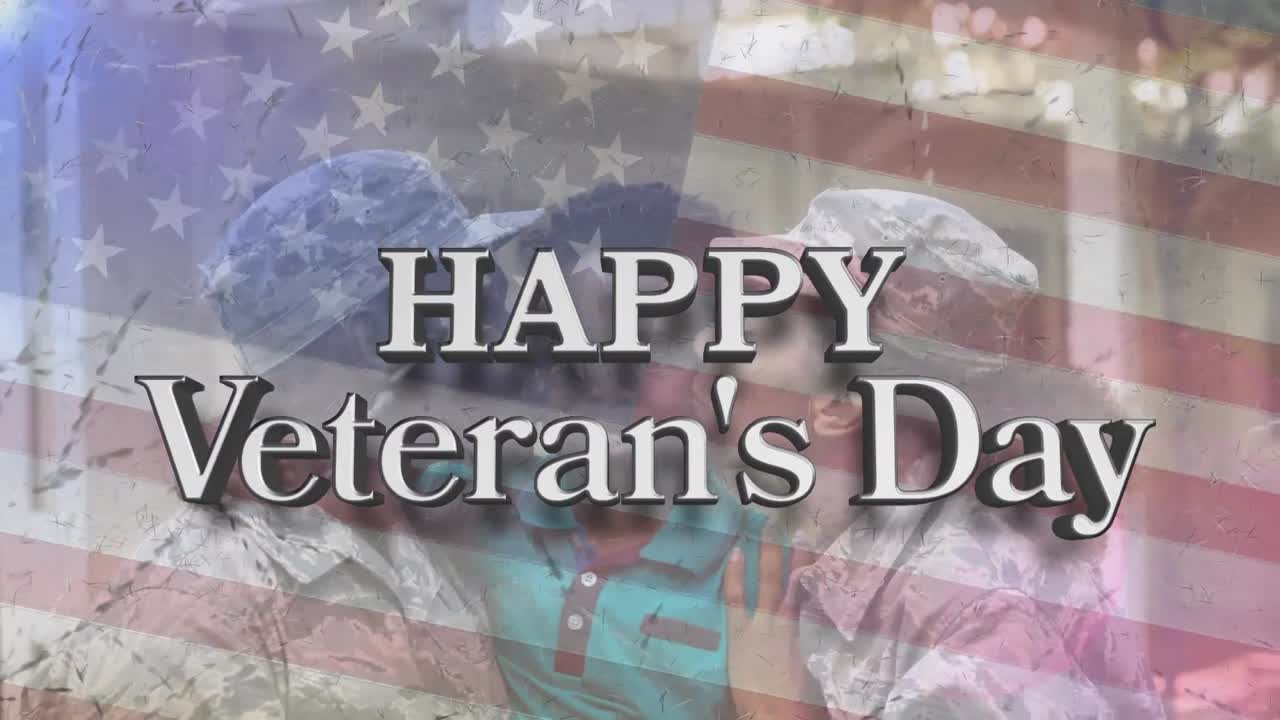 Animation of happy veteran's day text over diverse soldiers with daughter and american flag