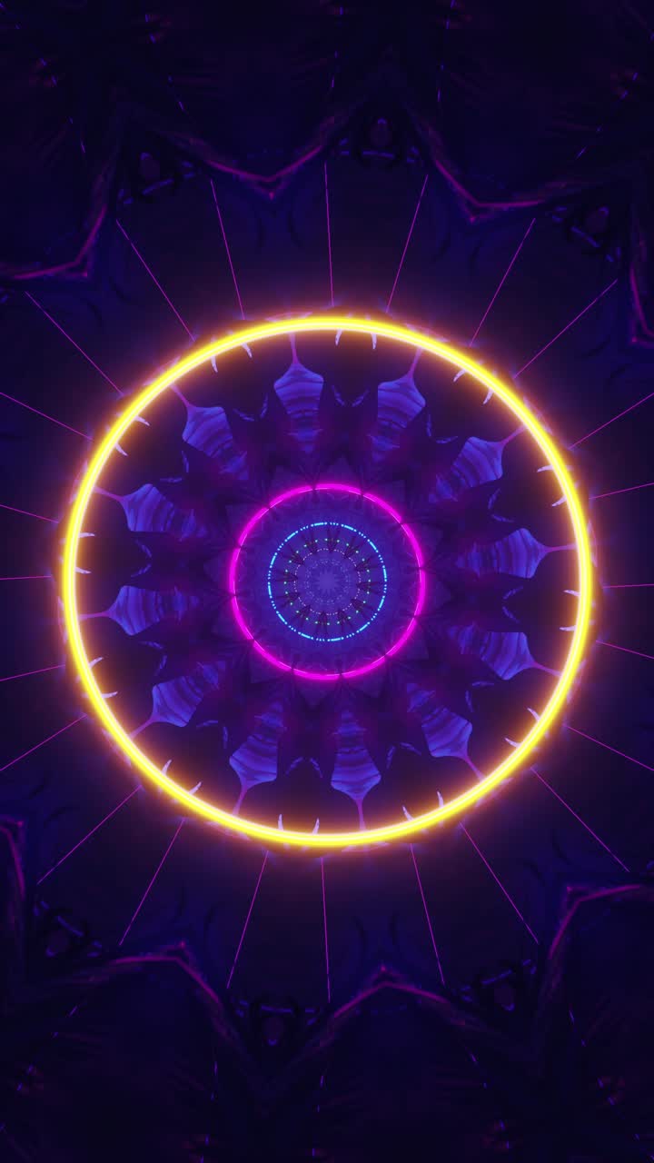 Blue and purple circular design with star in the center. Kaleidoscope VJ loop Vertical