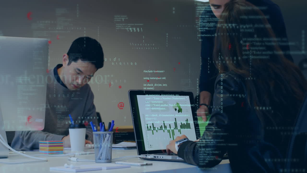 Technology team collaborating at desk, typing chart, handing green folder, overlaying binary code