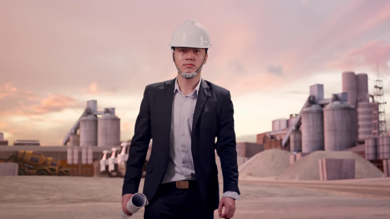 Vista frontal de un empresario asiático sosteniendo planos mientras camina en una cementera industrial al atardecer.