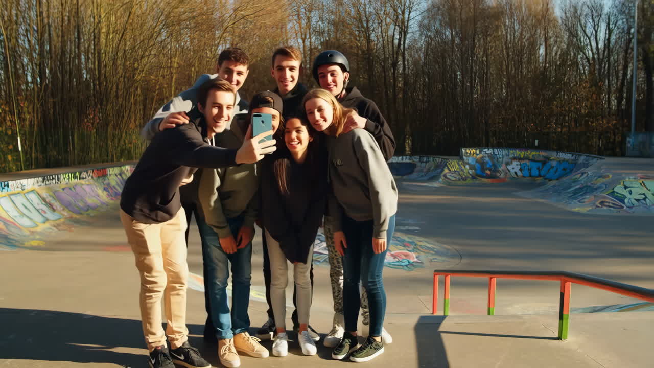 Group of friends taking a selfie at the skatepark